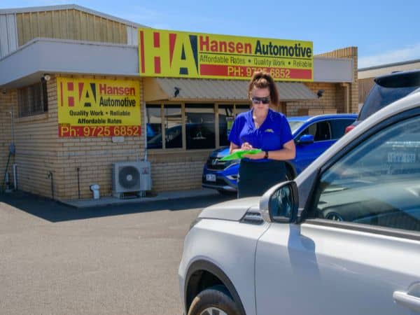 Shelby, our administrative specialist at Hansen Automotive Bunbury, performing pre-service checks to ensure customer satisfaction.